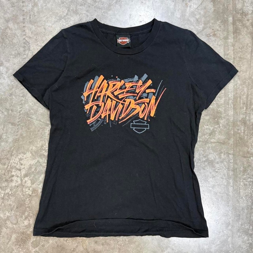 Harley Davidson Womens Vintage Y2K Fitted Graphic Tee Black Orange Size L